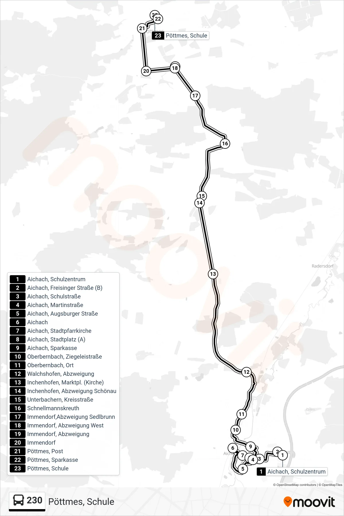 230 bus Line (Pöttmes, Schule) route and stops on a map