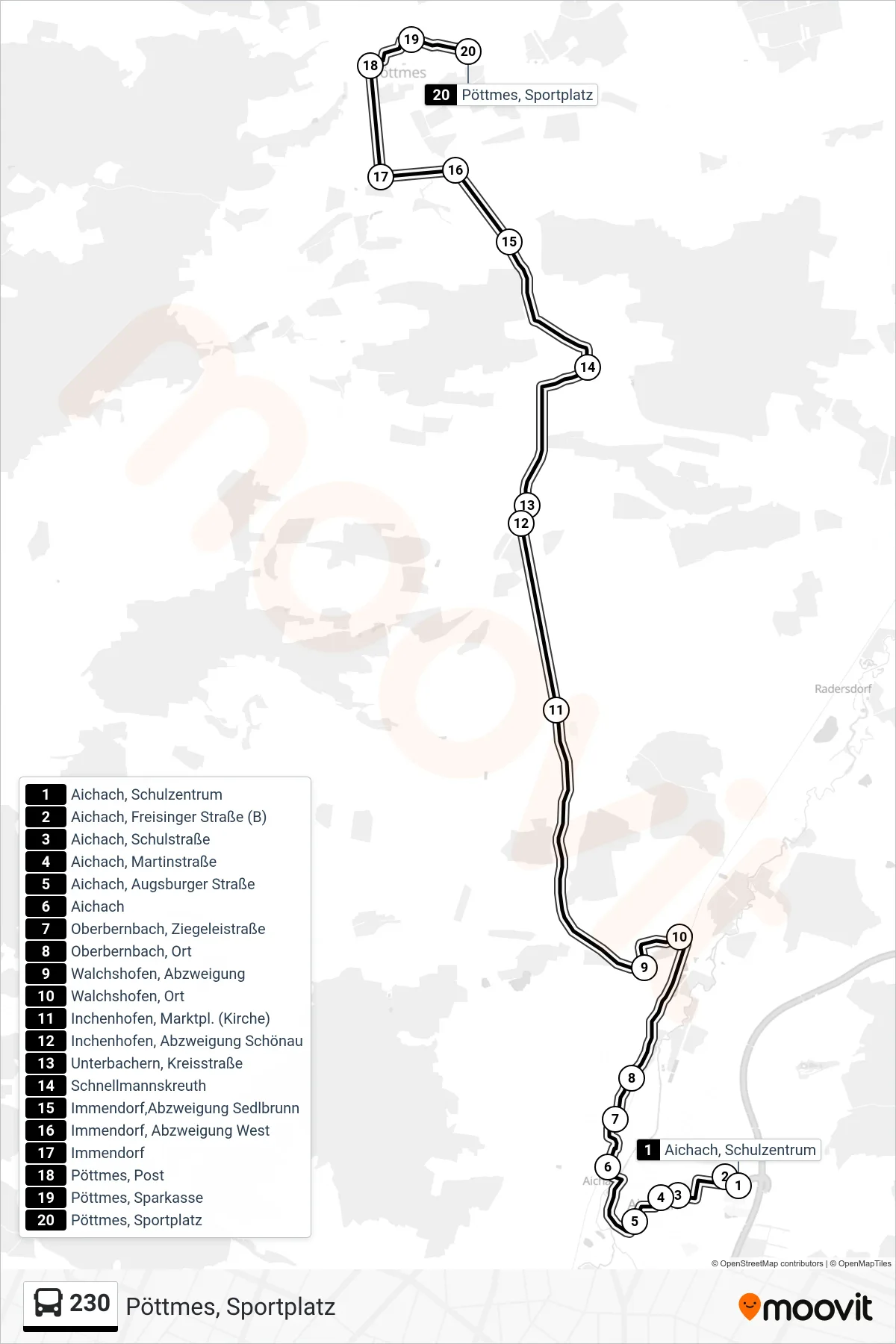 230 bus Line (Pöttmes, Sportplatz) route and stops on a map