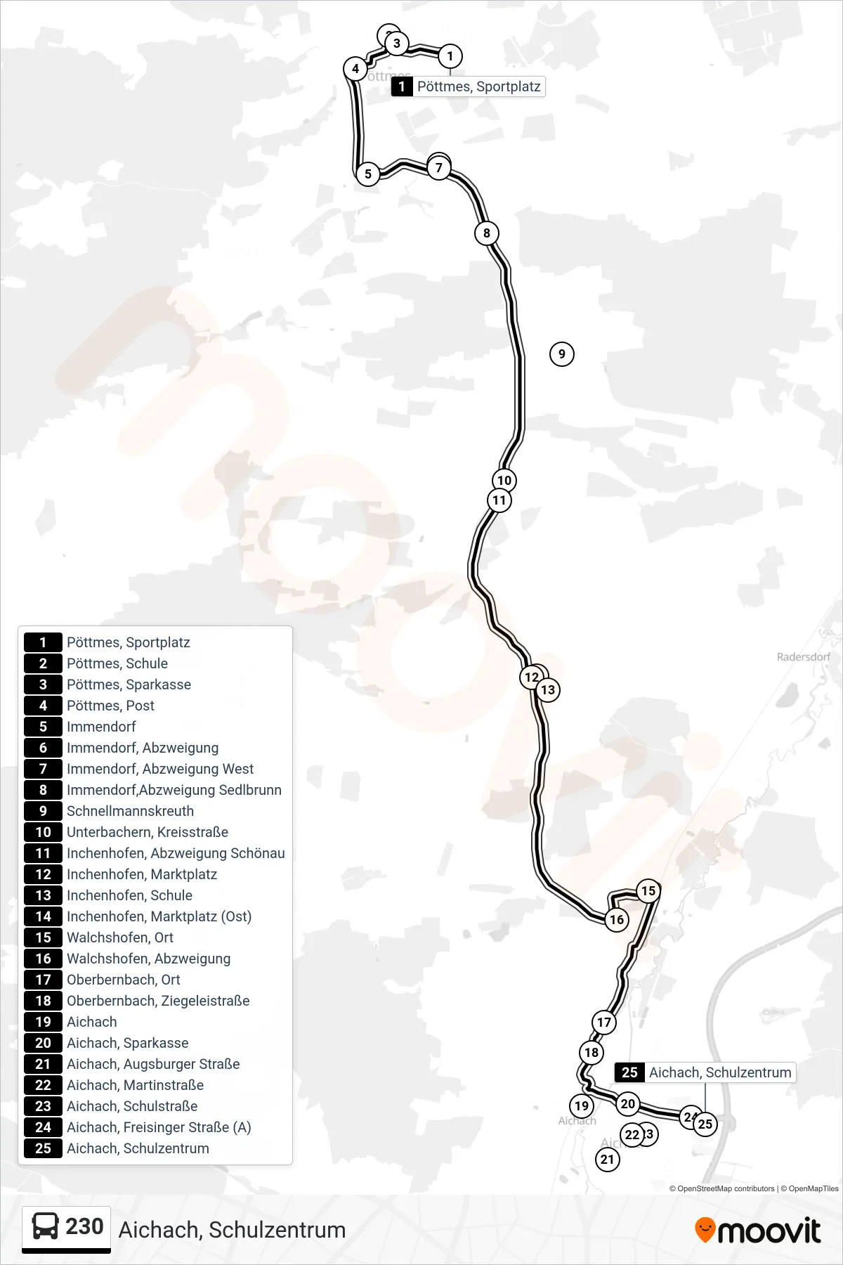 Linie 230 (Bus) Richtung Aichach, Schulzentrum: Route und Haltestellen auf der Karte
