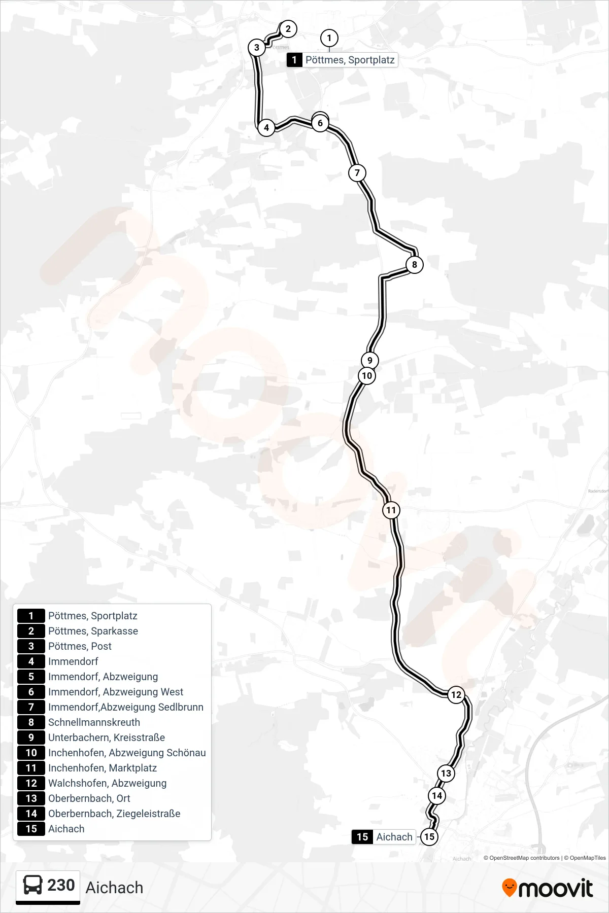 230 bus Line (Aichach) route and stops on a map