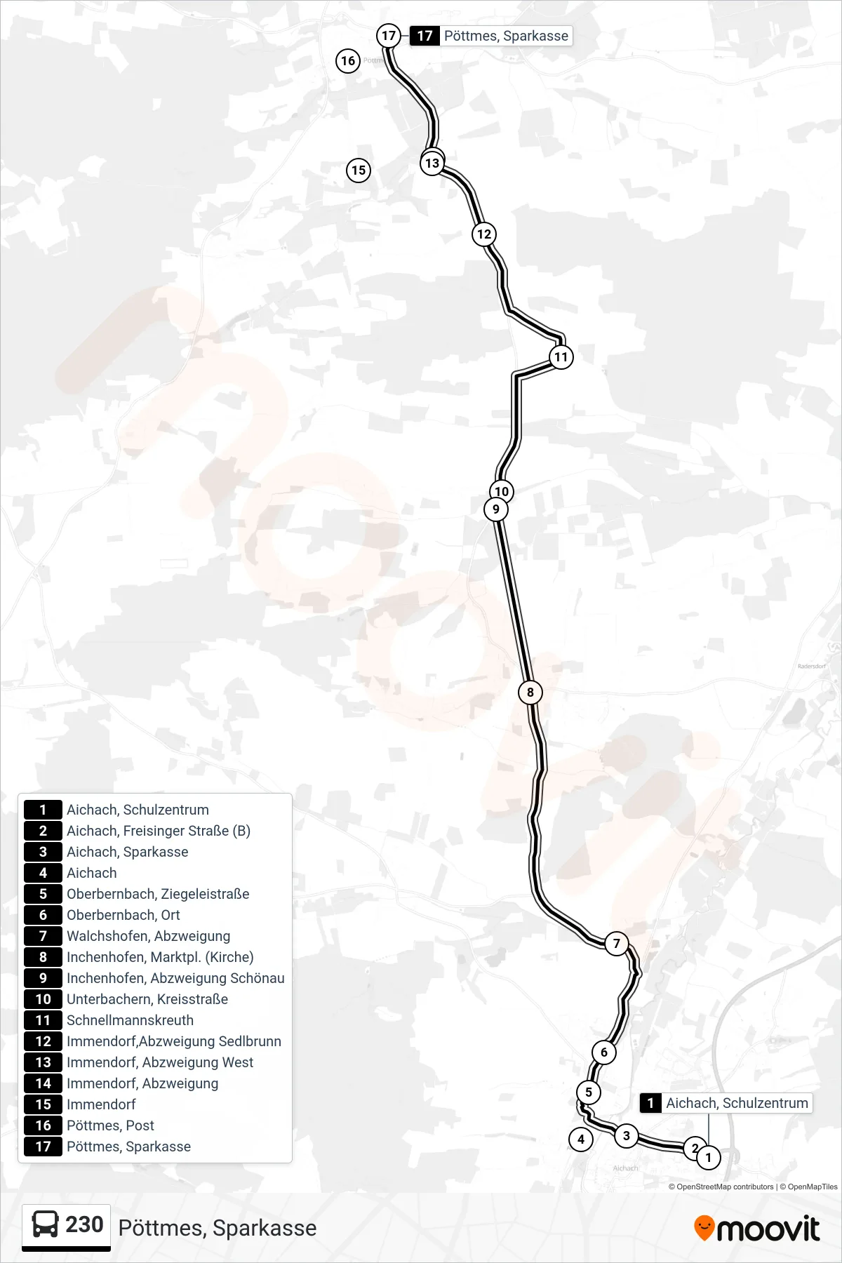 230 bus Line (Pöttmes, Sparkasse) route and stops on a map