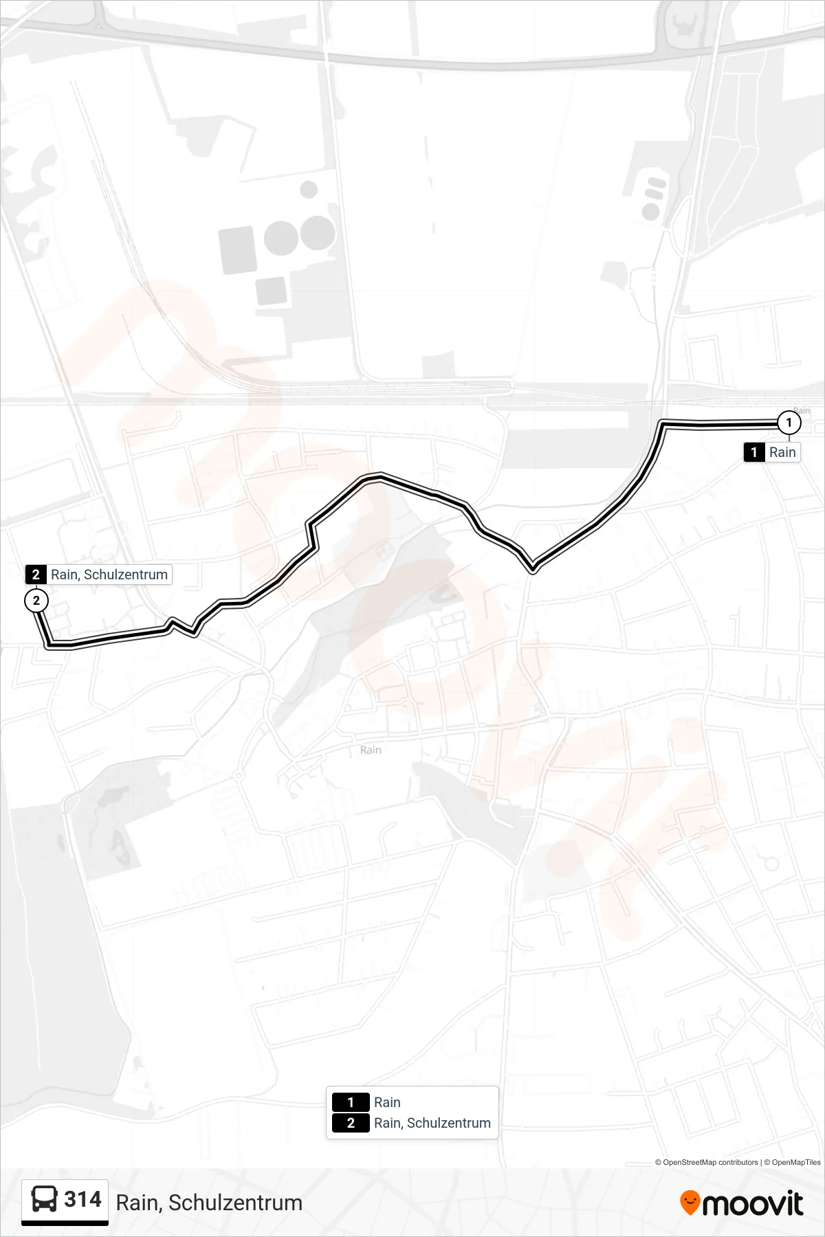 314 bus Line (Rain, Schulzentrum) route and stops on a map