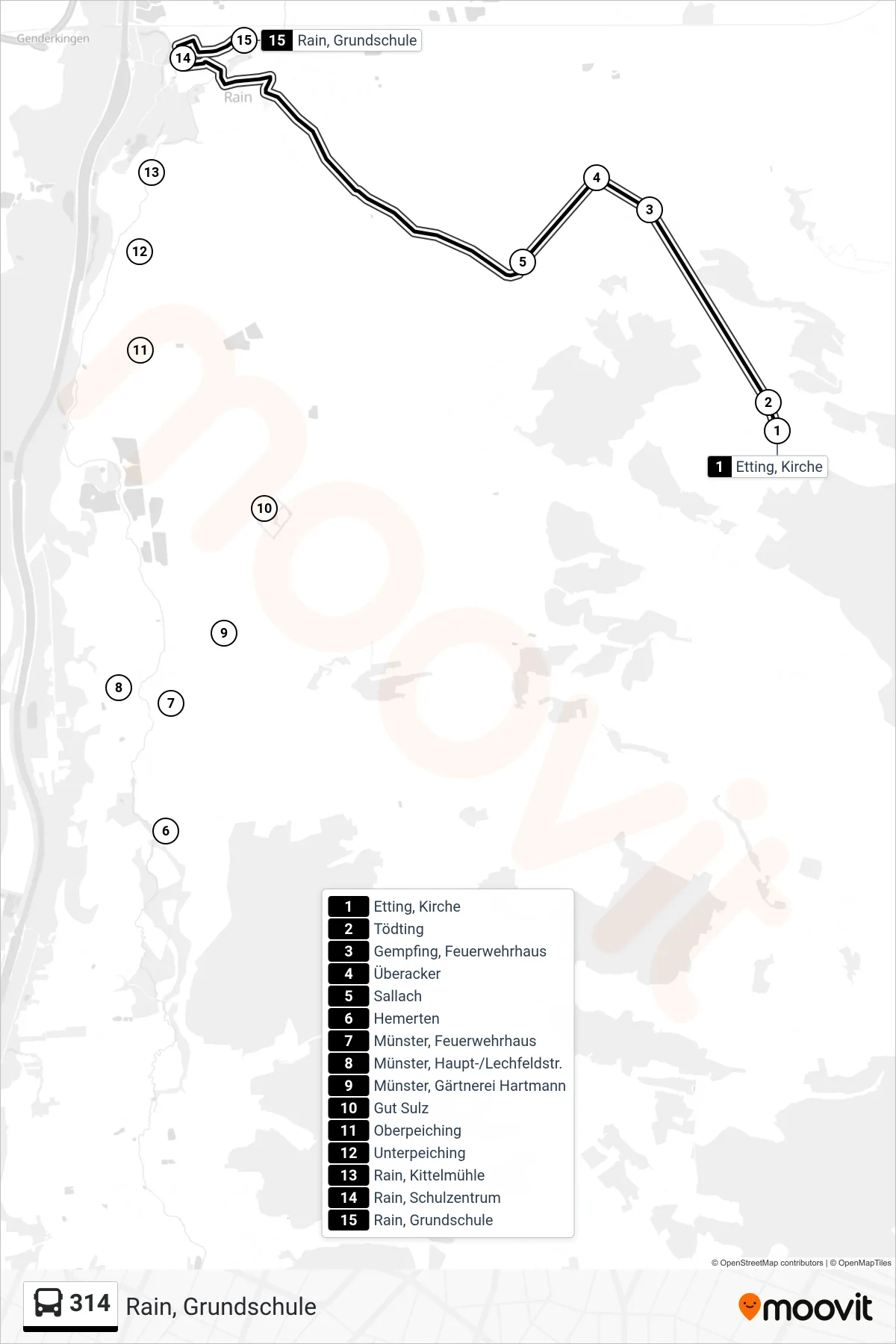 314 bus Line (Rain, Grundschule) route and stops on a map