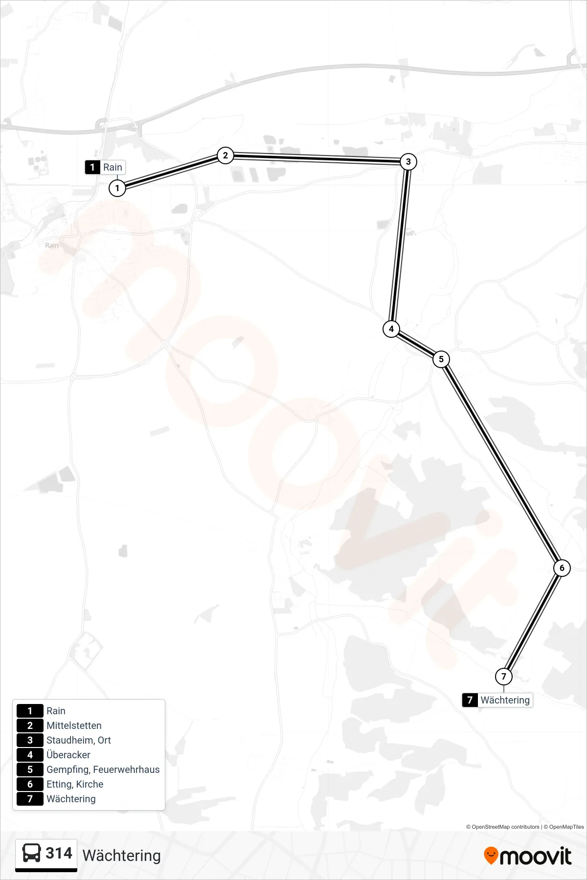 314 bus Line (Wächtering) route and stops on a map