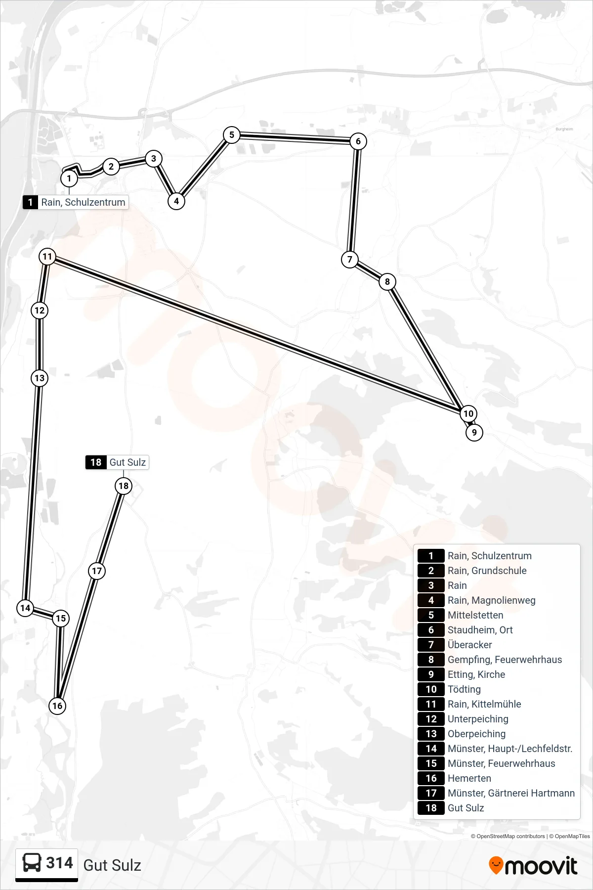314 bus Line (Gut Sulz) route and stops on a map