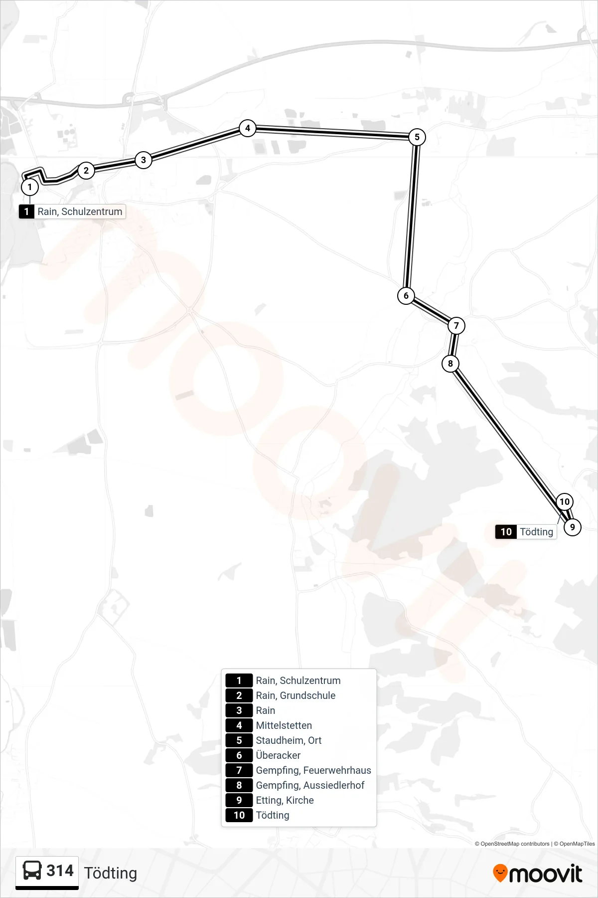 314 bus Line (Tödting) route and stops on a map