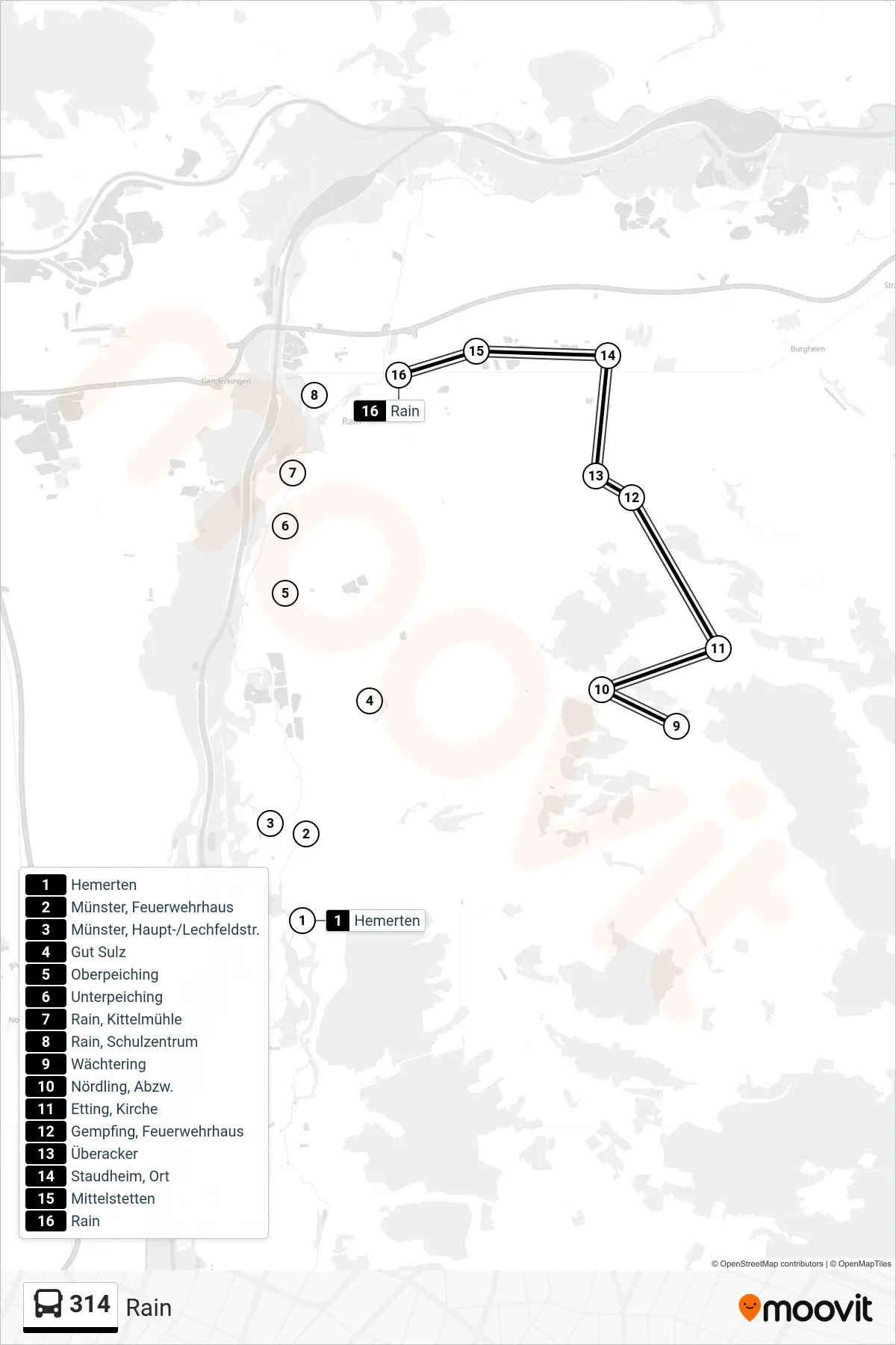 314 bus Line (Rain) route and stops on a map