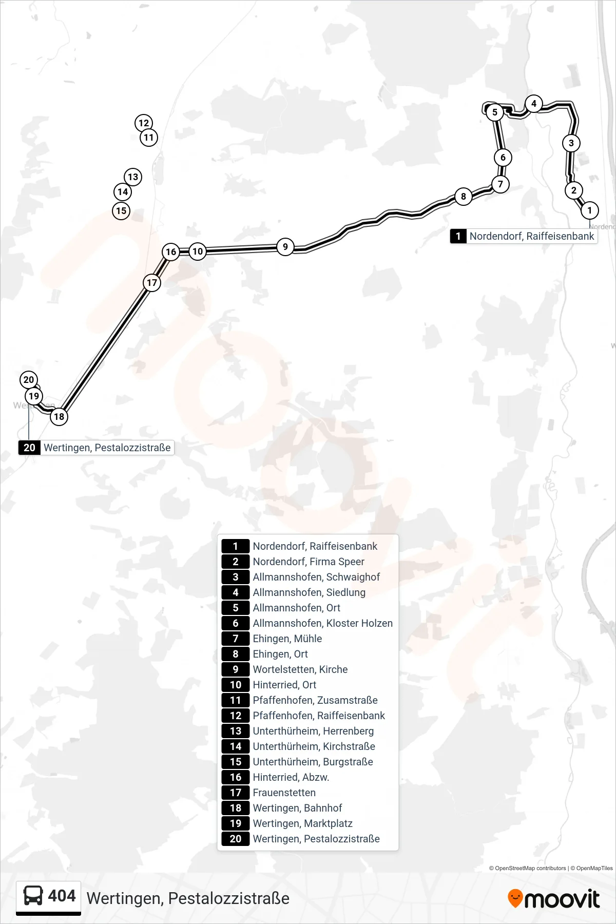 404 bus Line (Wertingen, Pestalozzistraße) route and stops on a map