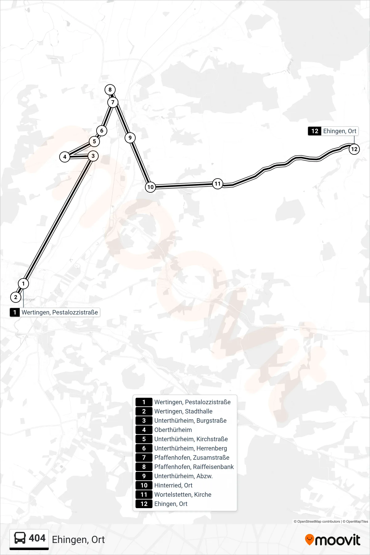 Linie 404 (Bus) Richtung Ehingen, Ort: Route und Haltestellen auf der Karte