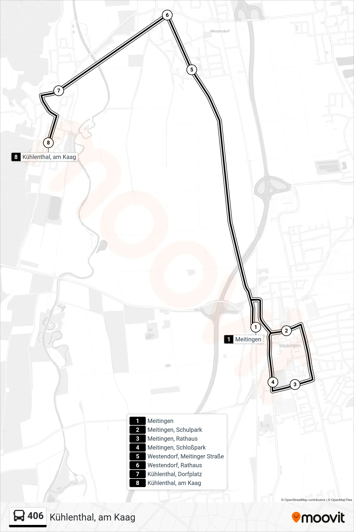 406 bus Line (Kühlenthal, am Kaag) route and stops on a map