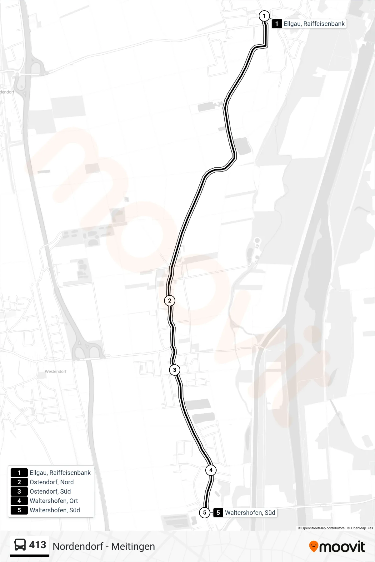 413 bus Line (Waltershofen, Süd) route and stops on a map