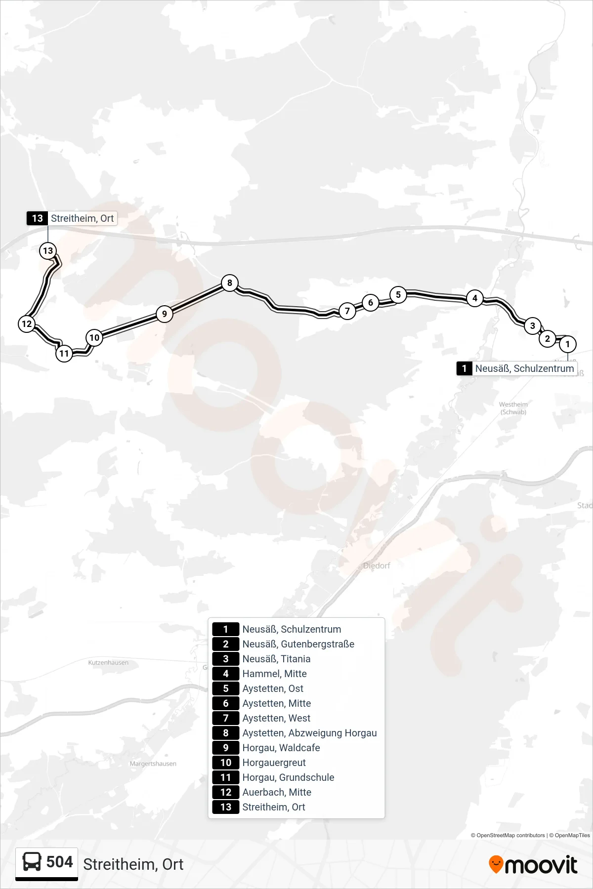 Linie 504 (Bus) Richtung Streitheim, Ort: Route und Haltestellen auf der Karte