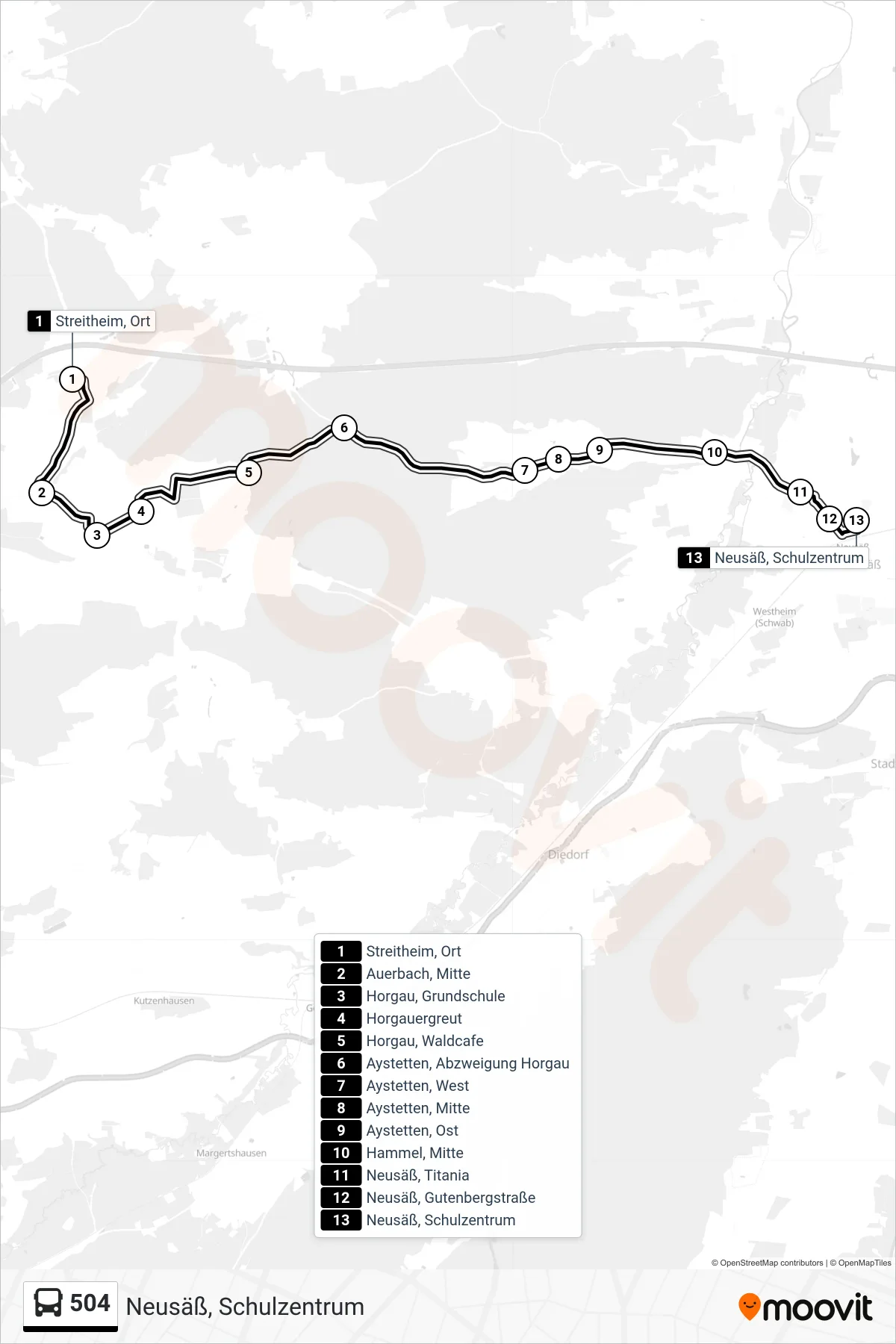 504 bus Line (Neusäß, Schulzentrum) route and stops on a map