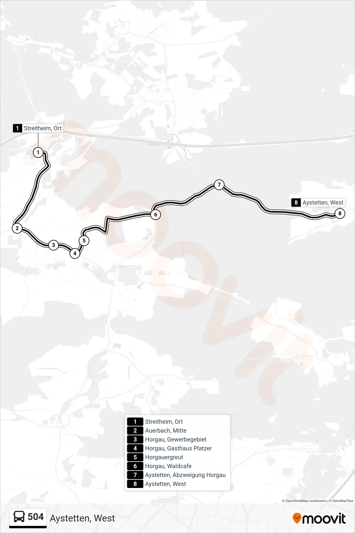 504 bus Line (Aystetten, West) route and stops on a map