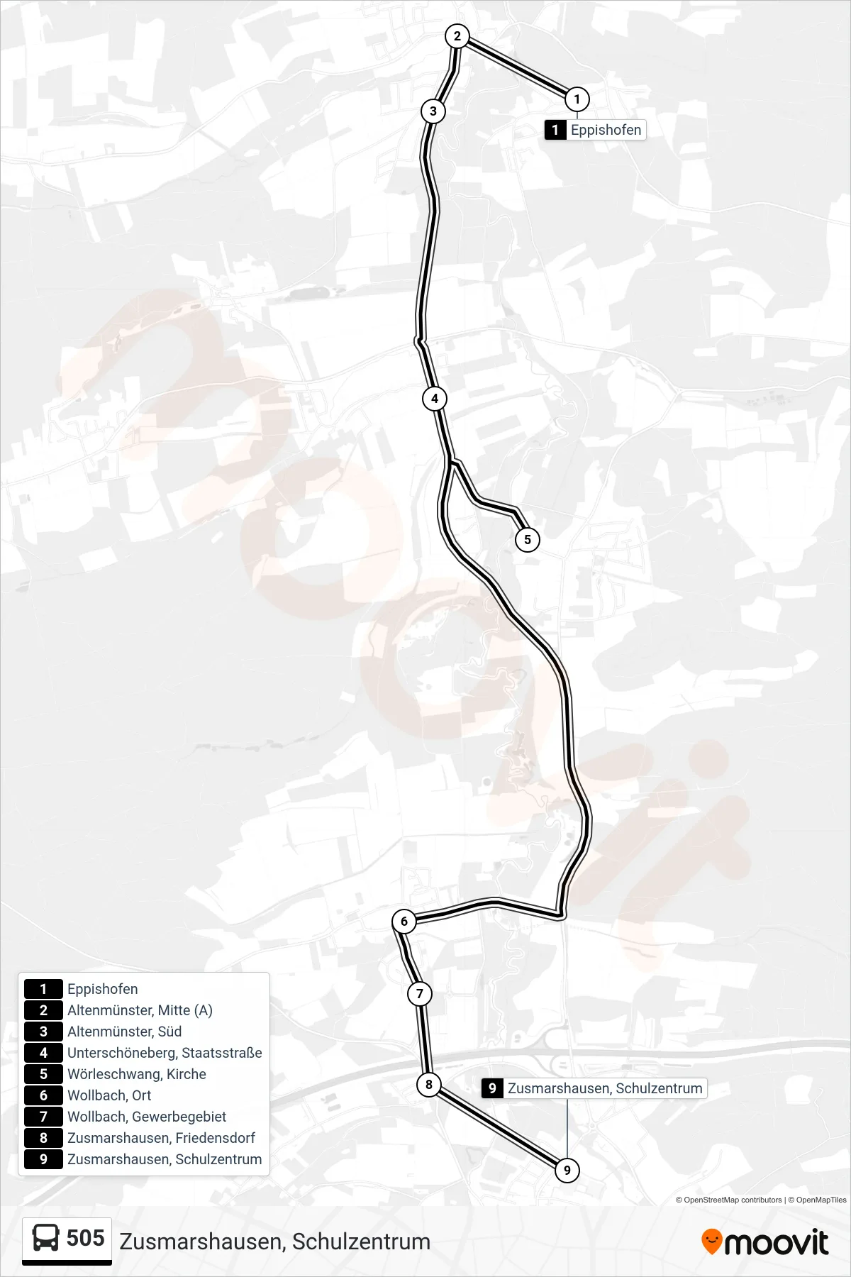 505 bus Line (Zusmarshausen, Schulzentrum) route and stops on a map