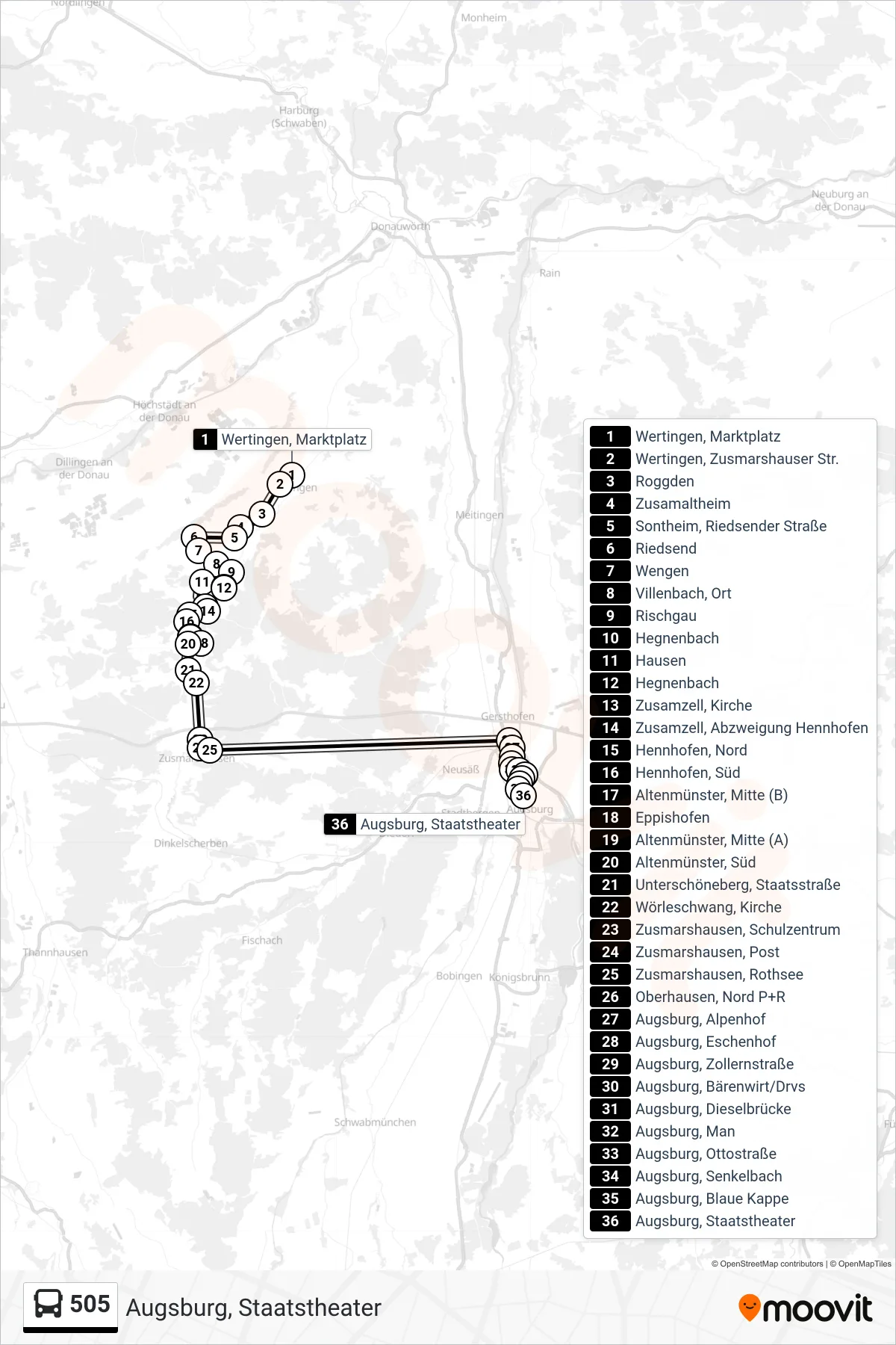 505 bus Line (Augsburg, Staatstheater) route and stops on a map