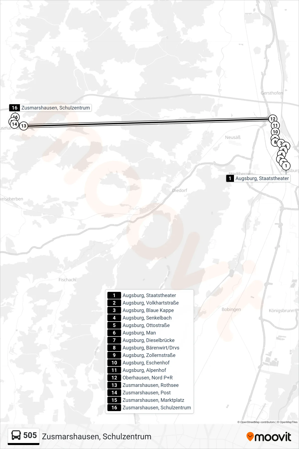 505 bus Line (Zusmarshausen, Schulzentrum) route and stops on a map