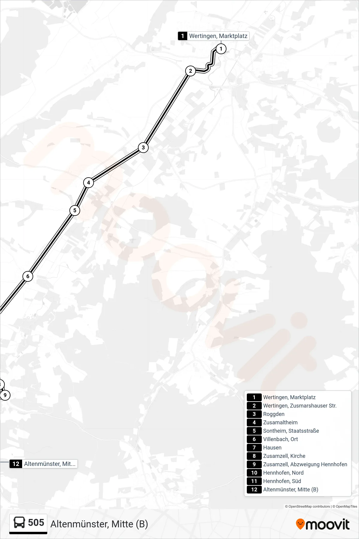 Linie 505 (Bus) Richtung Altenmünster, Mitte (B): Route und Haltestellen auf der Karte