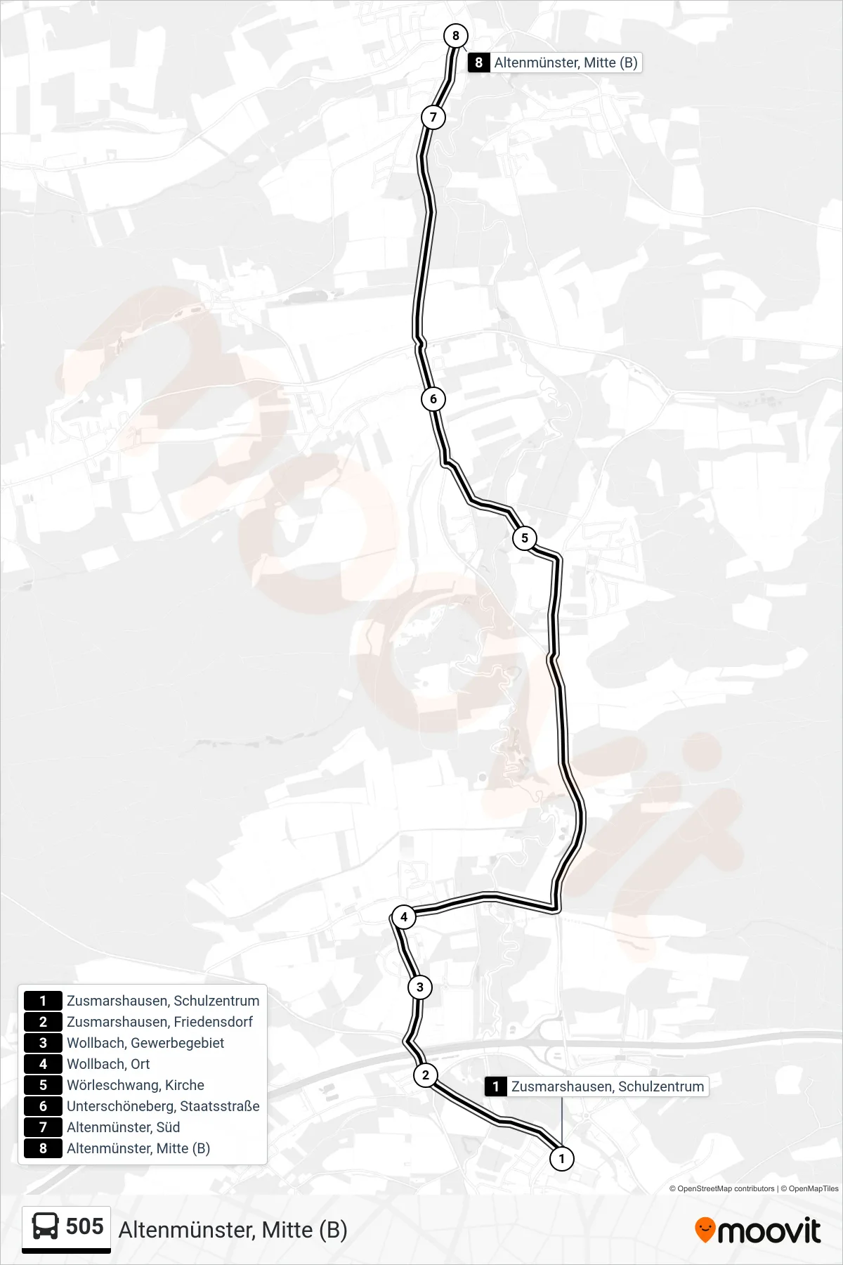 505 bus Line (Altenmünster, Mitte (B)) route and stops on a map