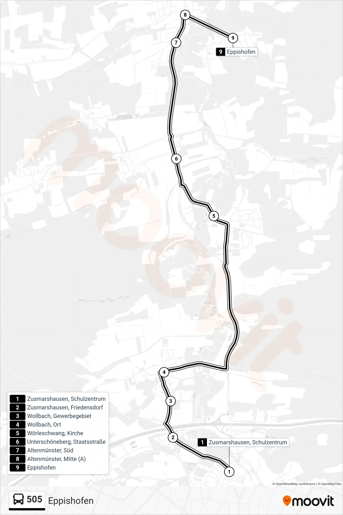 505 bus Line (Eppishofen) route and stops on a map