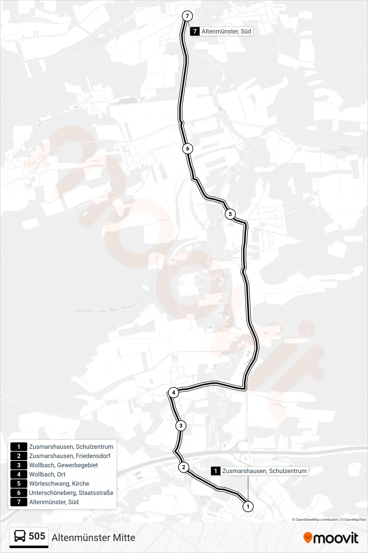 505 bus Line (Altenmünster Mitte) route and stops on a map