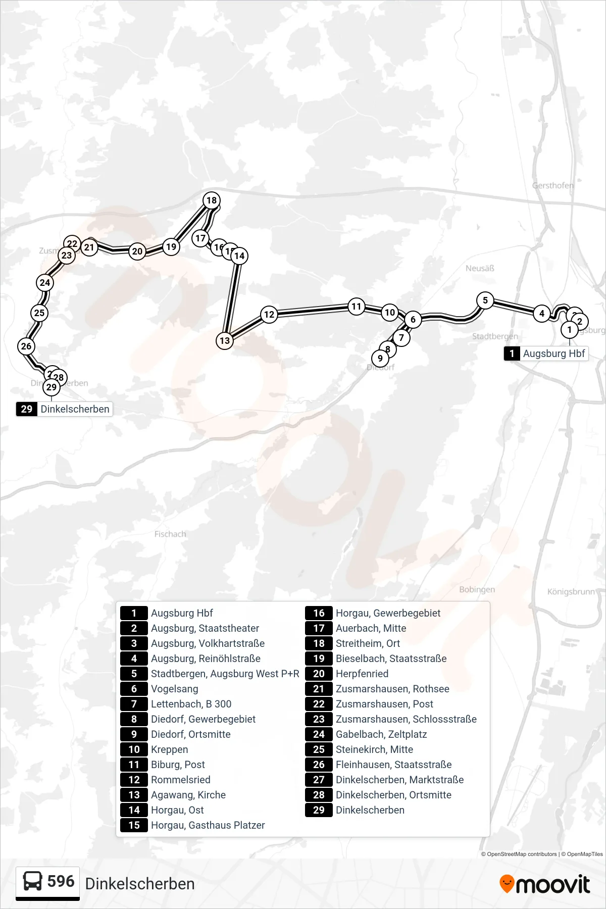 Linie 596 (Bus) Richtung Dinkelscherben: Route und Haltestellen auf der Karte