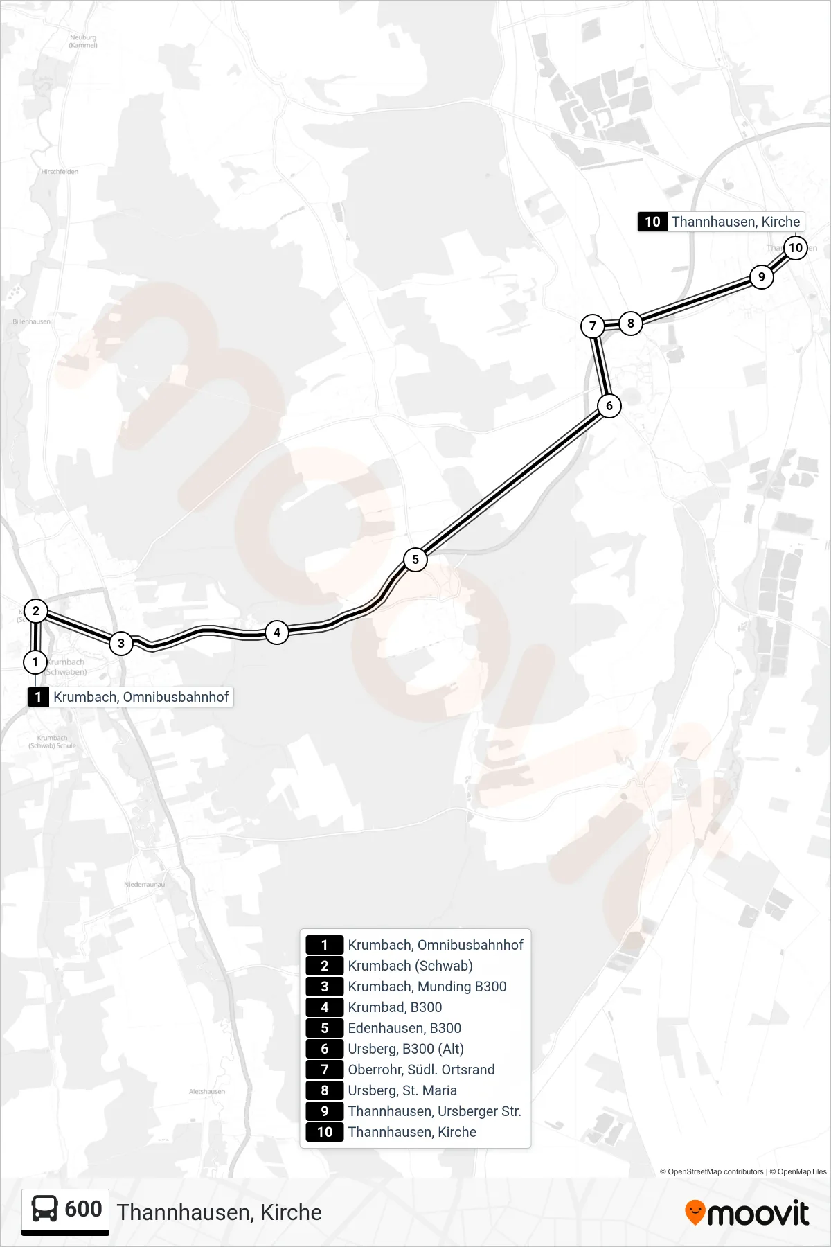 600 bus Line (Thannhausen, Kirche) route and stops on a map
