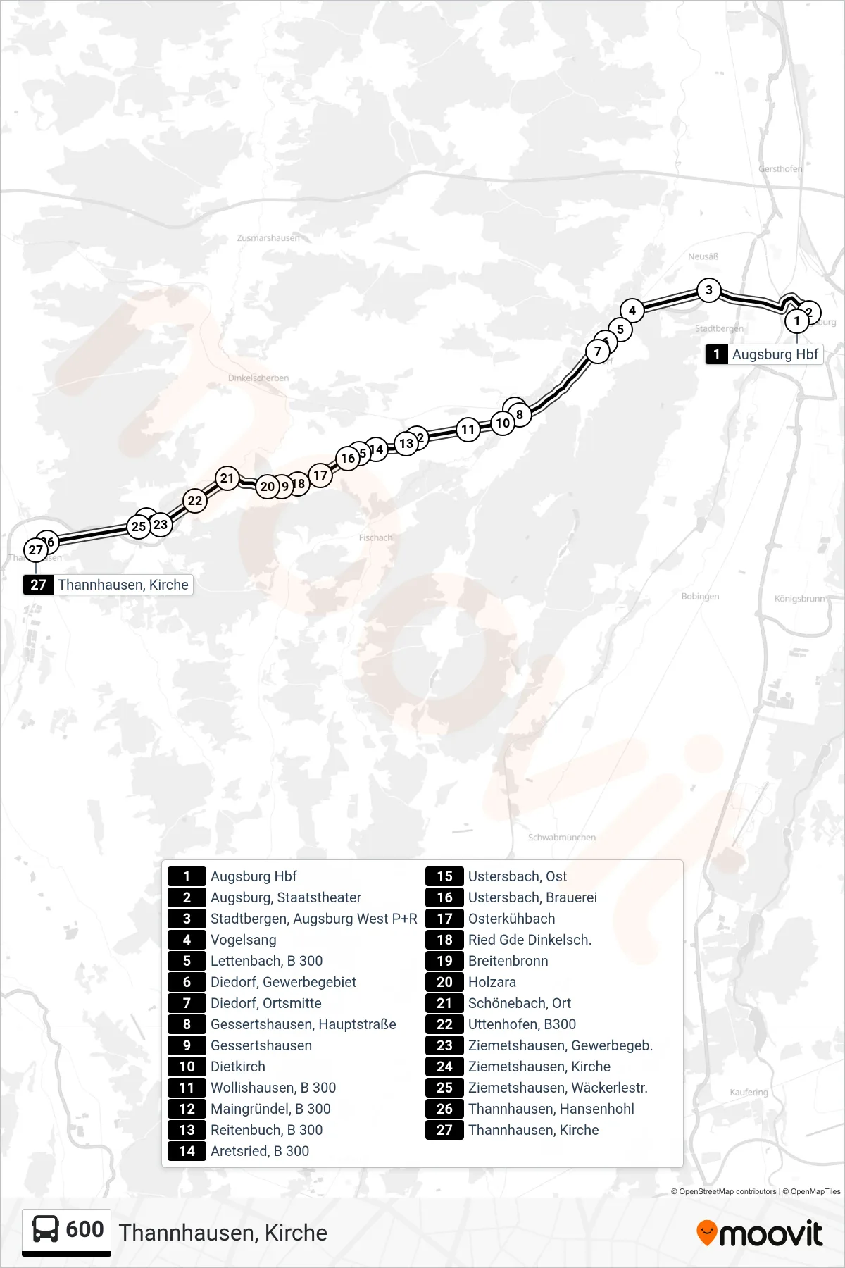 Linie 600 (Bus) Richtung Thannhausen, Kirche: Route und Haltestellen auf der Karte