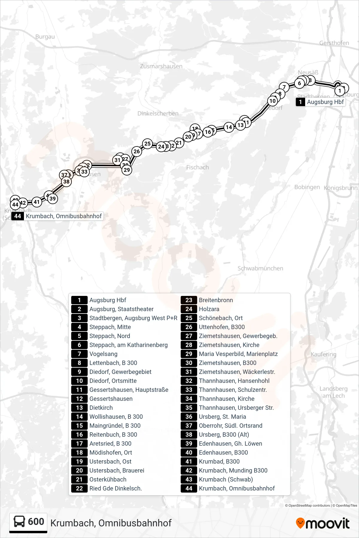 600 bus Line (Krumbach, Omnibusbahnhof) route and stops on a map