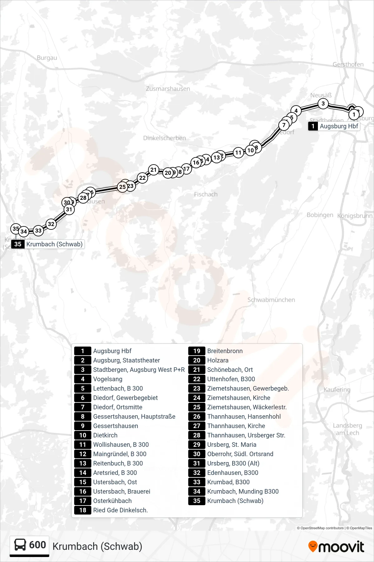 Linie 600 (Bus) Richtung Krumbach (Schwab): Route und Haltestellen auf der Karte