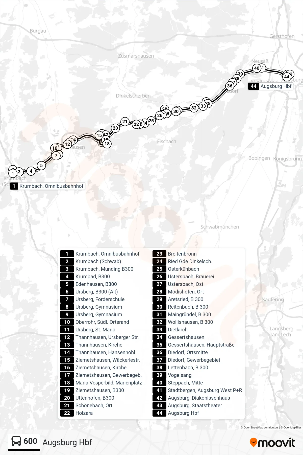 Linie 600 (Bus) Richtung Augsburg Hbf: Route und Haltestellen auf der Karte