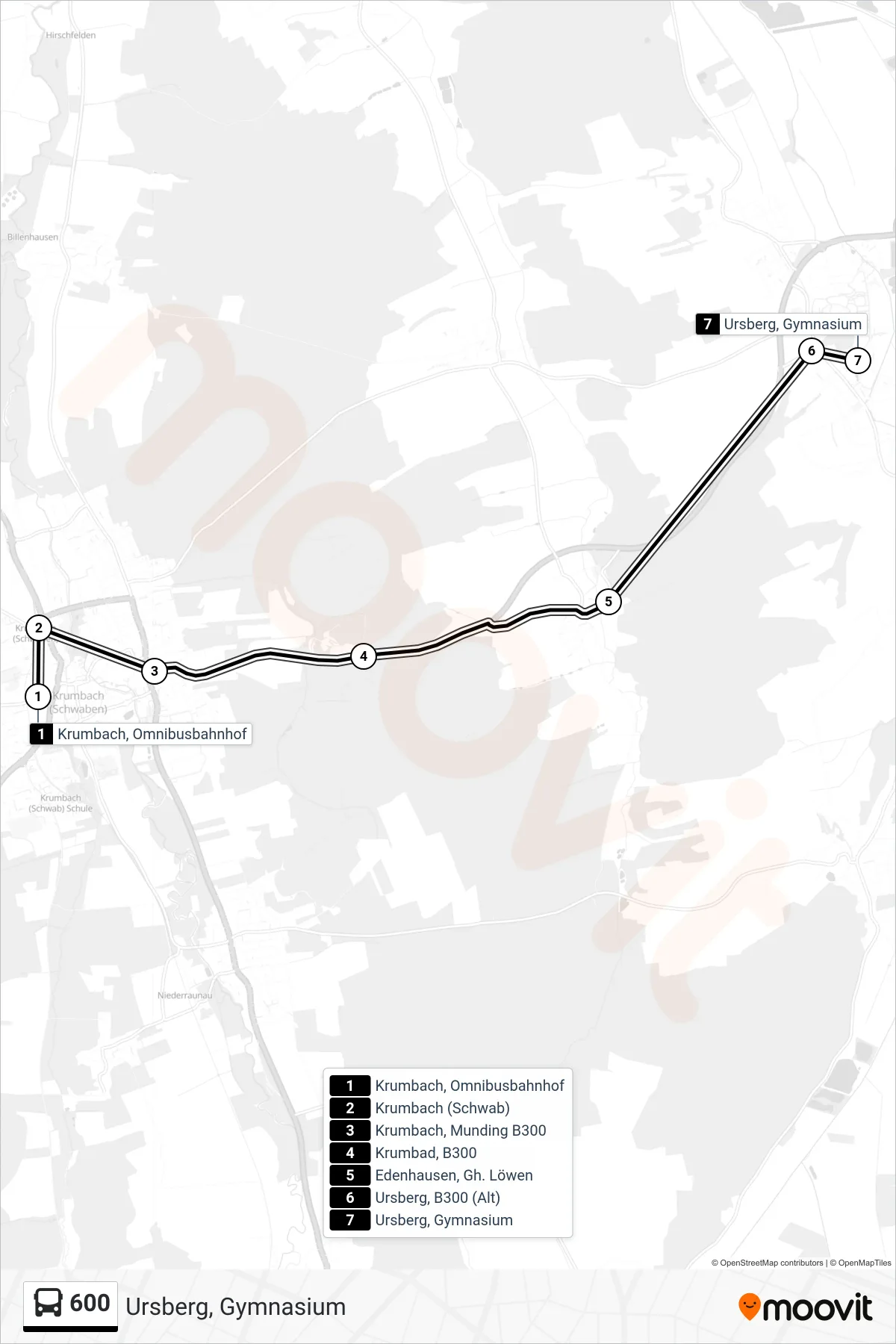 600 bus Line (Ursberg, Gymnasium) route and stops on a map