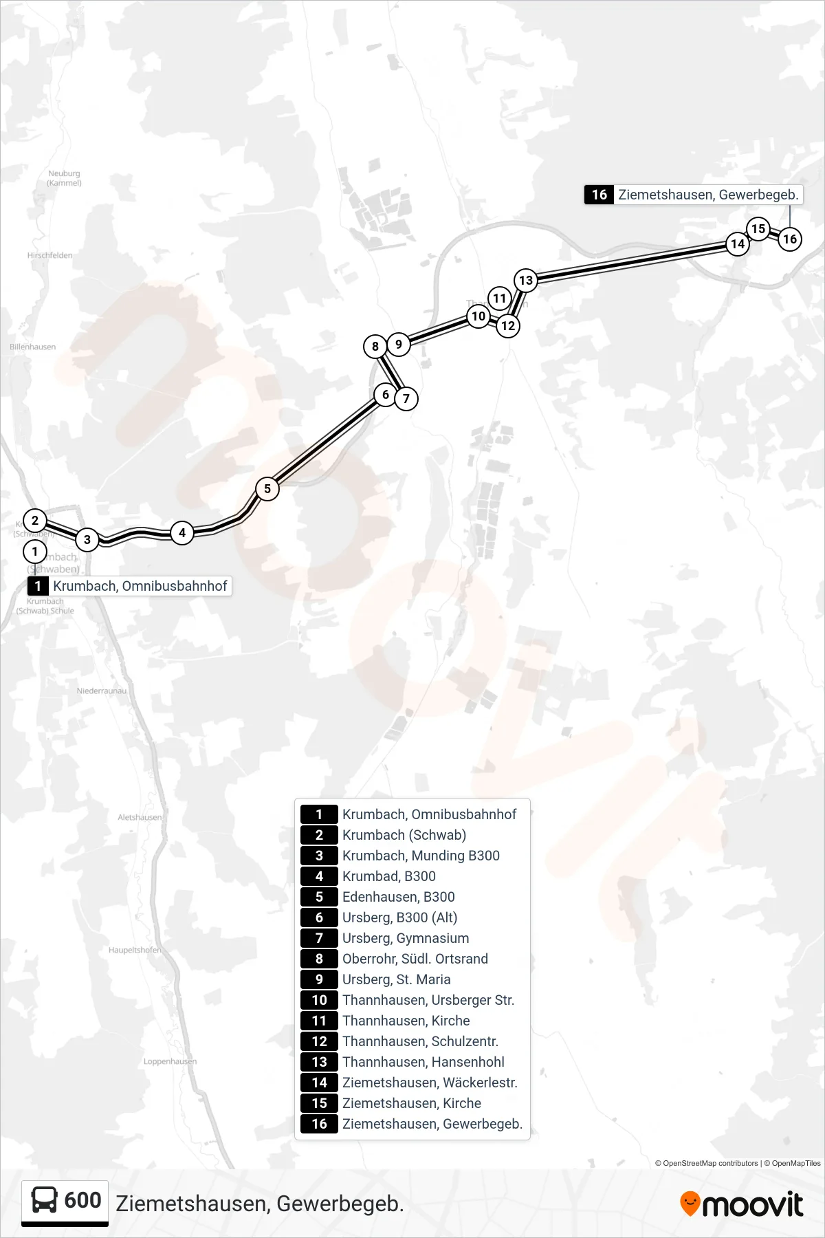 600 bus Line (Ziemetshausen, Gewerbegeb.) route and stops on a map