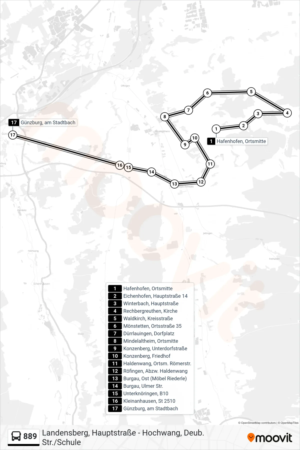 889 bus Line (Günzburg, am Stadtbach) route and stops on a map