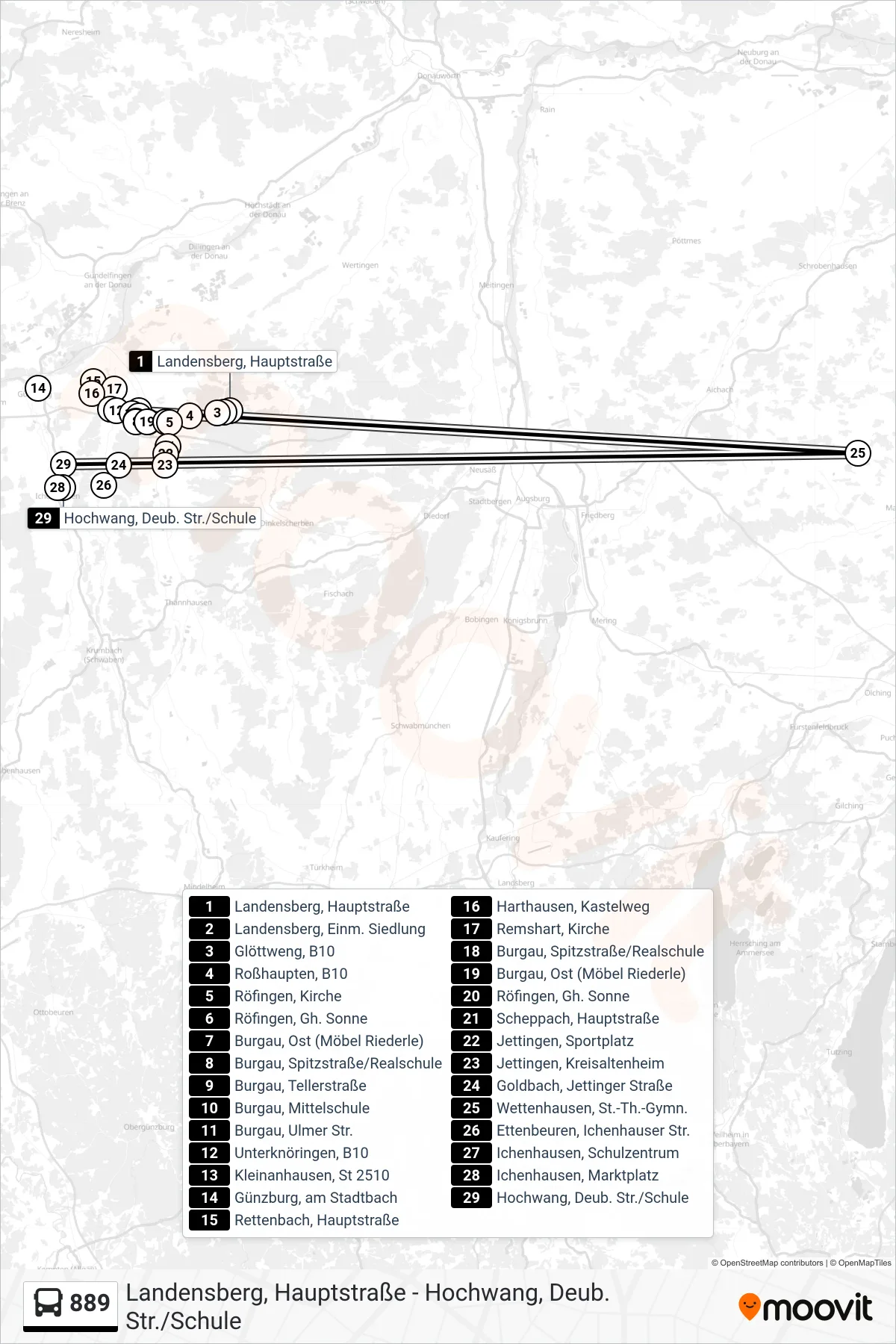 889 bus Line (Hochwang, Deub. Str./Schule) route and stops on a map