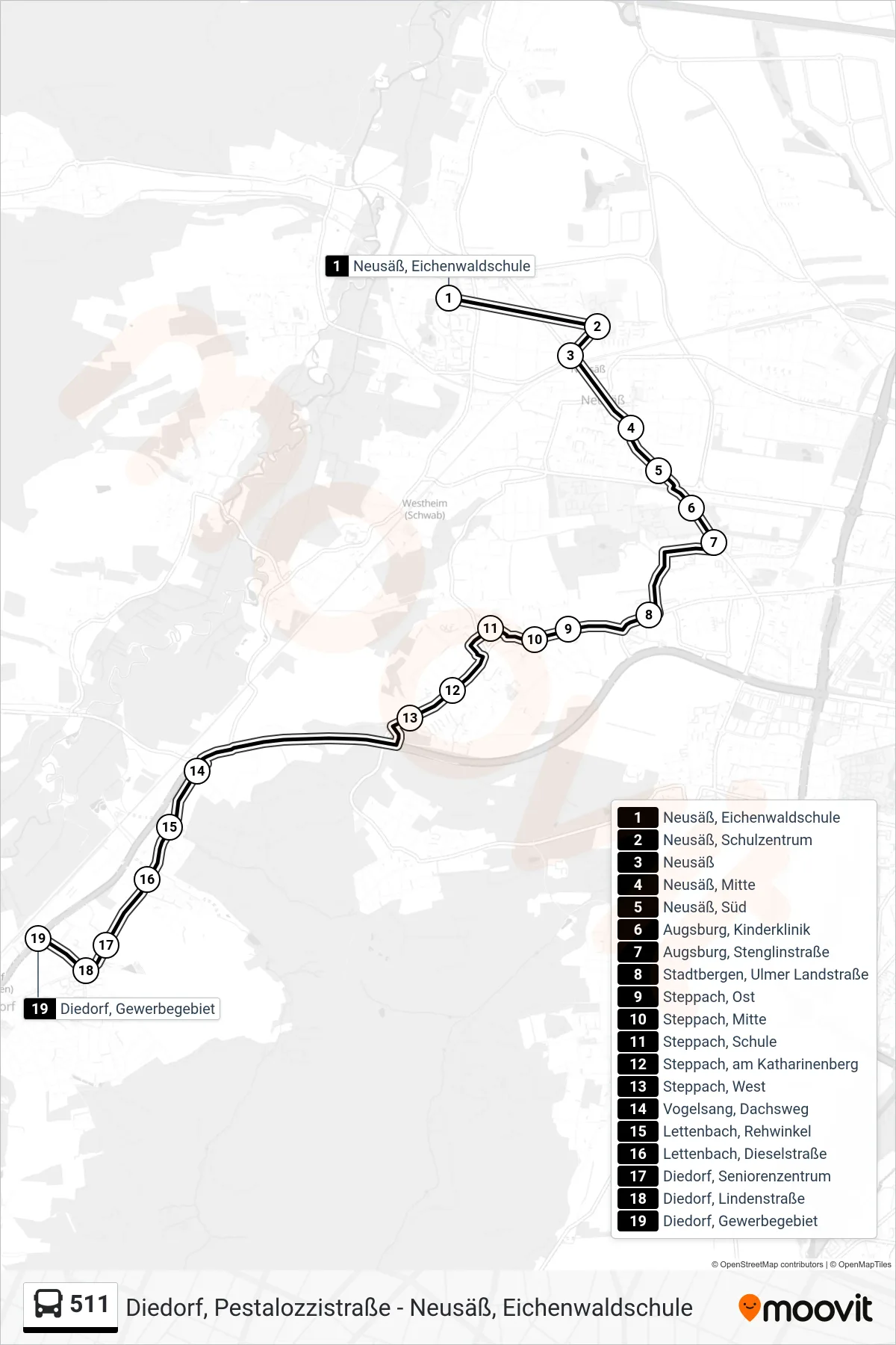 Linie 511 (Bus) Richtung Diedorf Gewerbegebiet: Route und Haltestellen auf der Karte