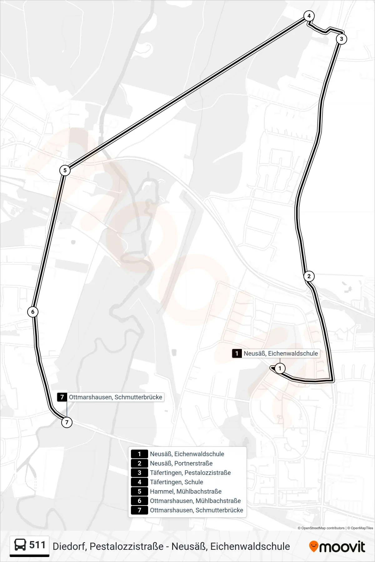 511 bus Line (Ottmarshausen Schmutterbrücke) route and stops on a map