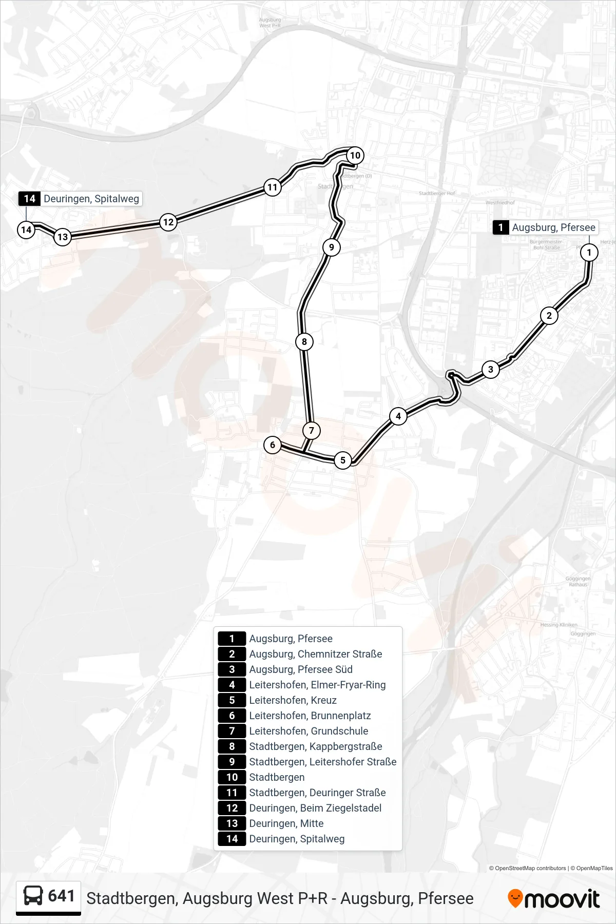 Linie 641 (Bus) Richtung Deuringen Spitalweg: Route und Haltestellen auf der Karte