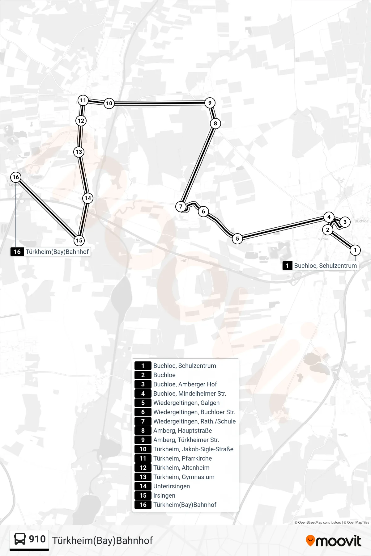 Linie 910 (Bus) Richtung Türkheim(Bay)Bahnhof: Route und Haltestellen auf der Karte