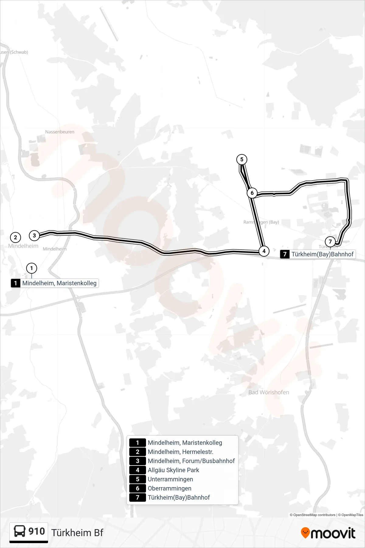 910 bus Line (Türkheim Bf) route and stops on a map