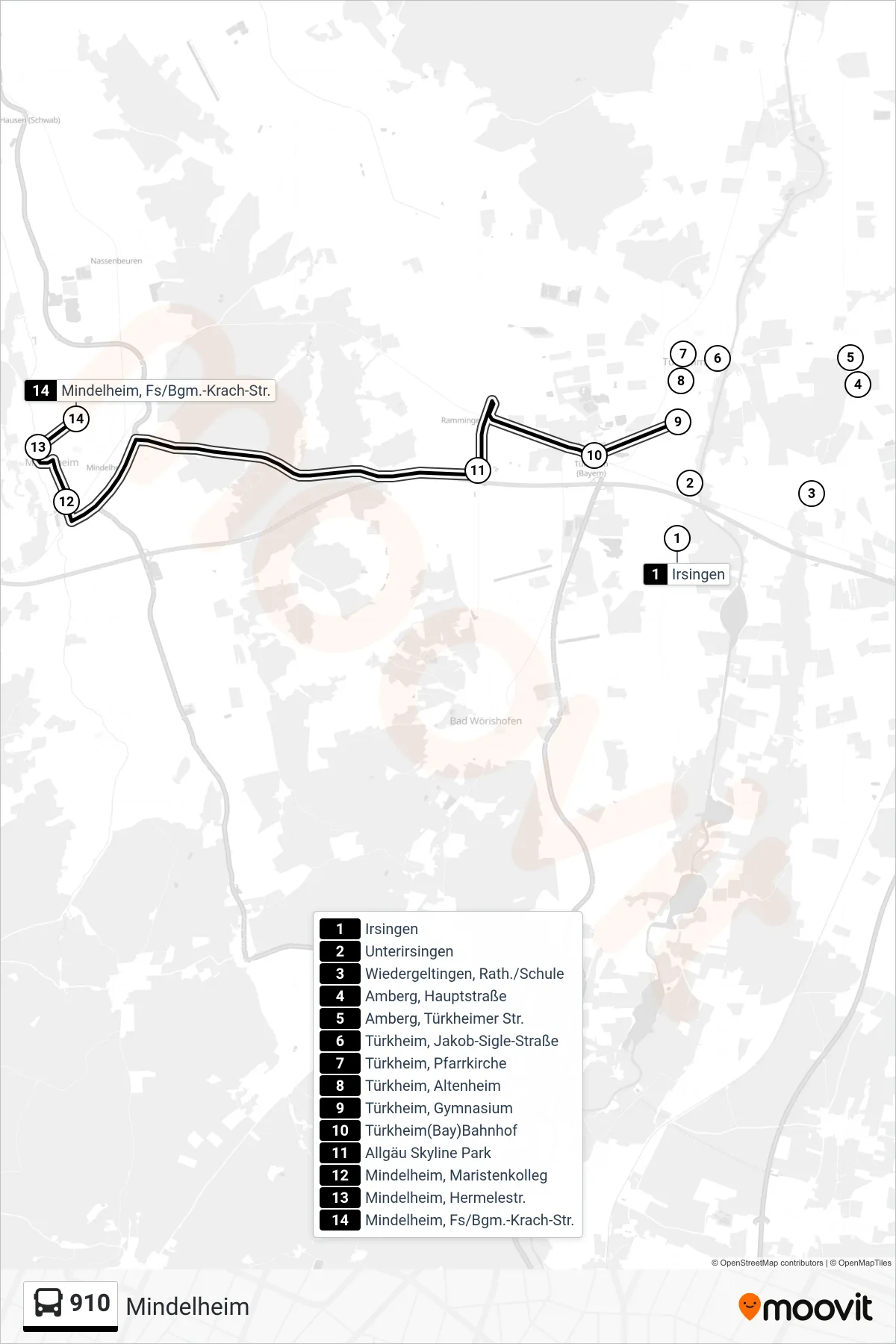 910 bus Line (Mindelheim) route and stops on a map
