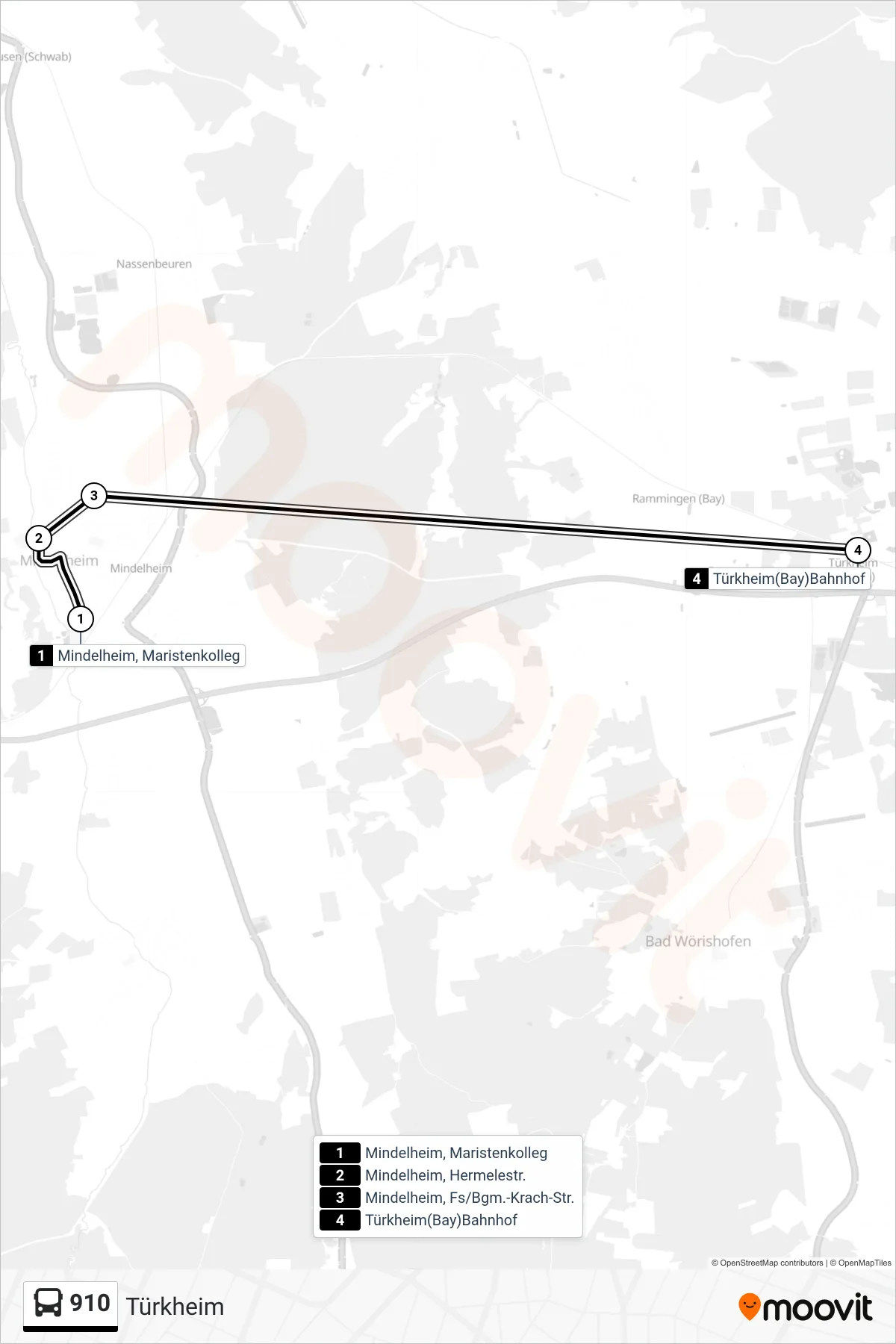 910 bus Line (Türkheim) route and stops on a map