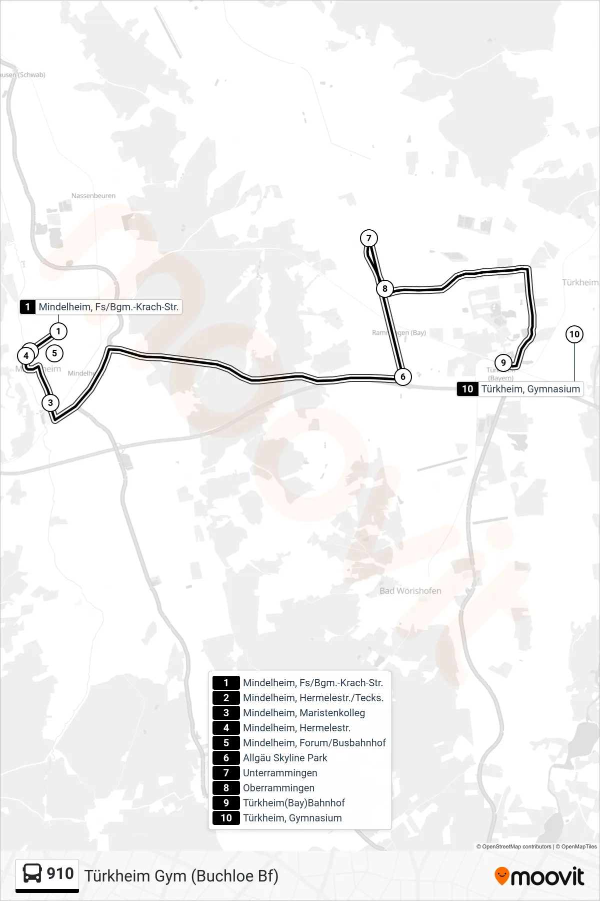 Linie 910 (Bus) Richtung Türkheim Gym (Buchloe Bf): Route und Haltestellen auf der Karte