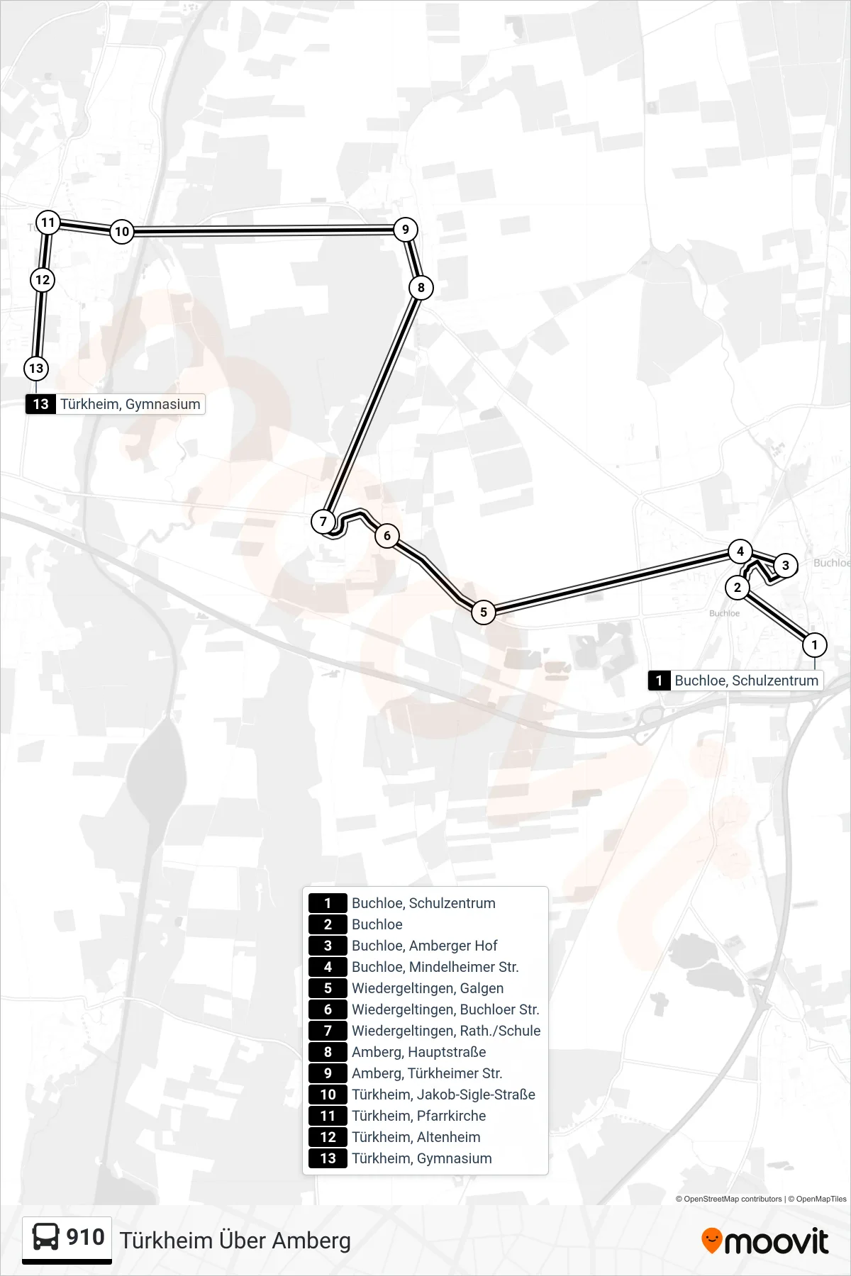 910 bus Line (Türkheim Über Amberg) route and stops on a map