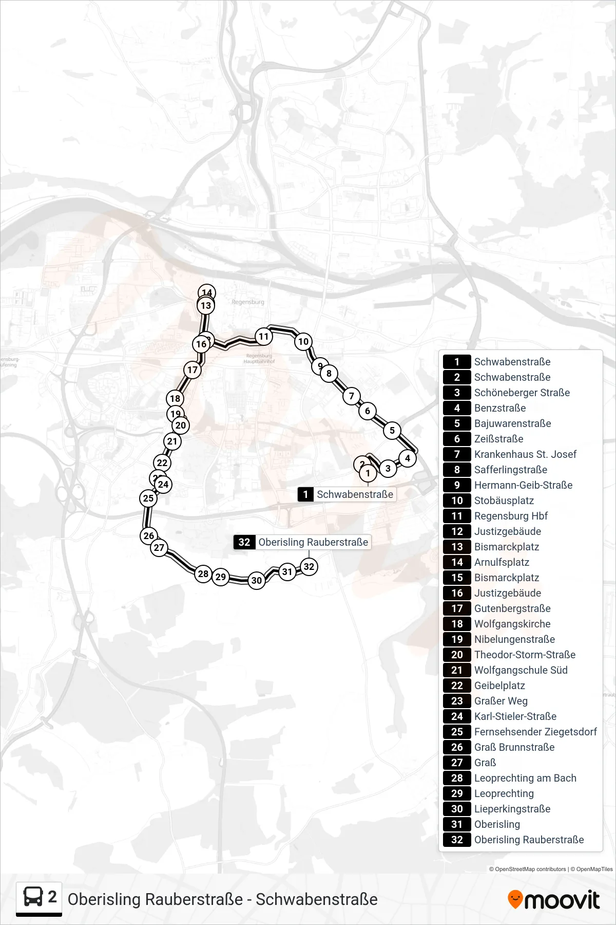 2 bus Line (Oberisling Rauberstraße) route and stops on a map