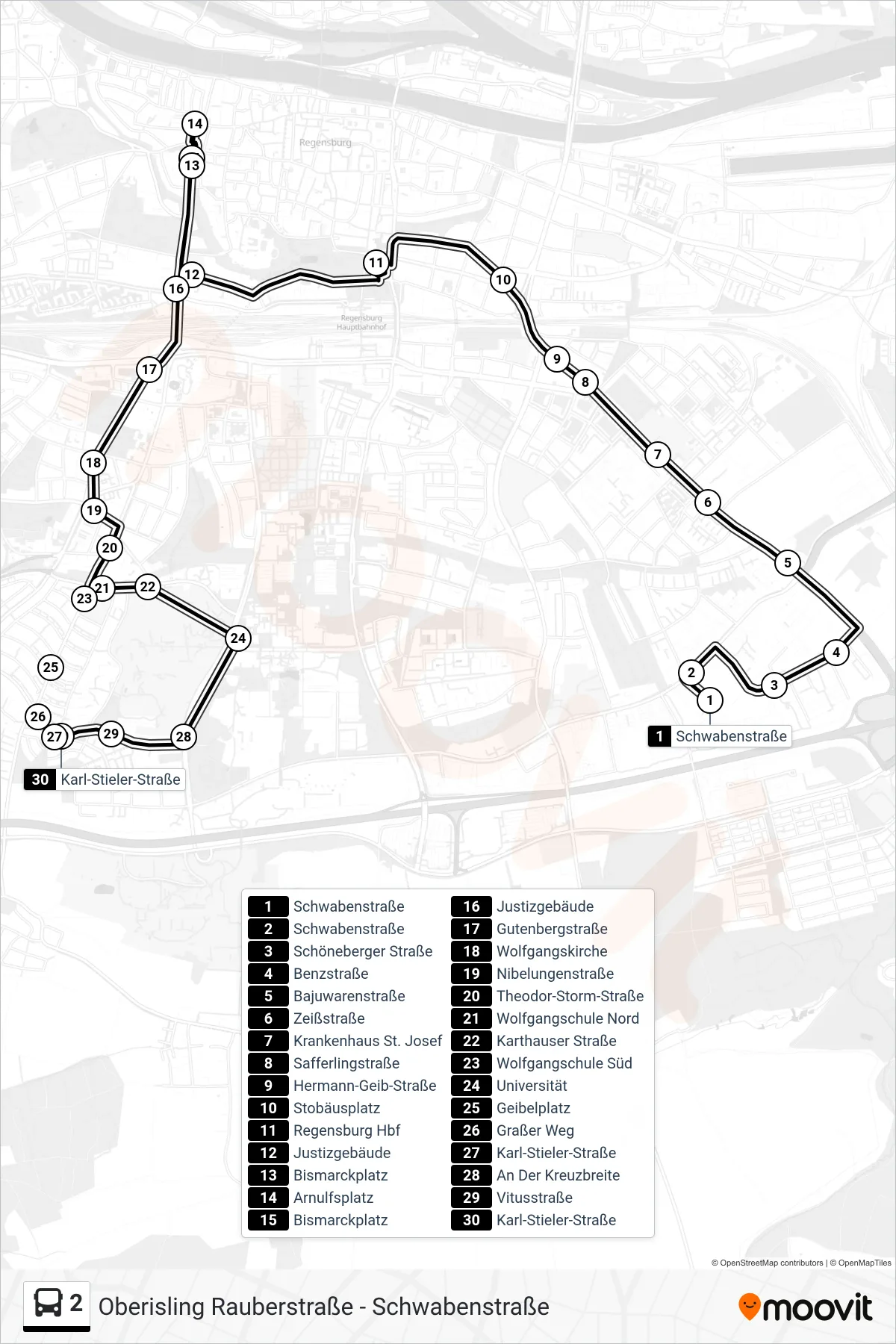 Linie 2 (Bus) Richtung Karl-Stieler-Straße: Route und Haltestellen auf der Karte