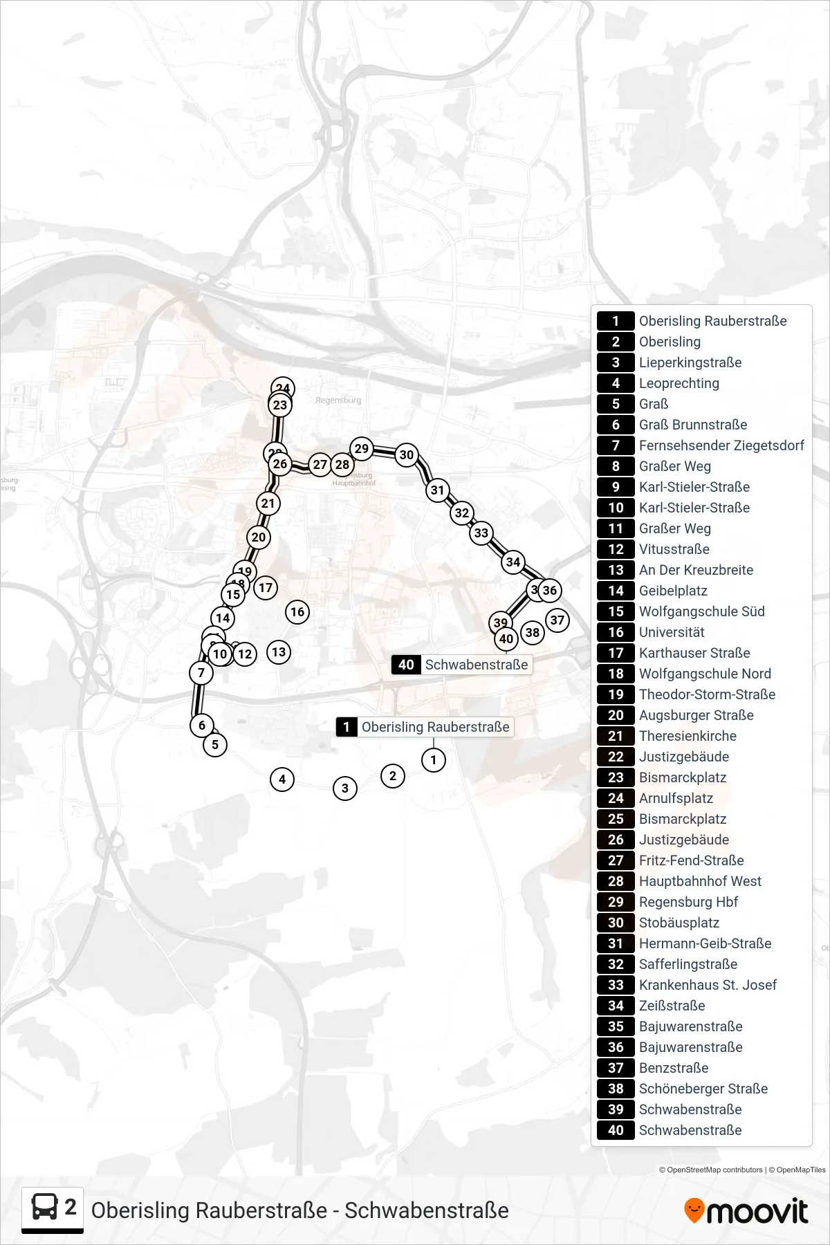 2 bus Line (Schwabenstraße) route and stops on a map