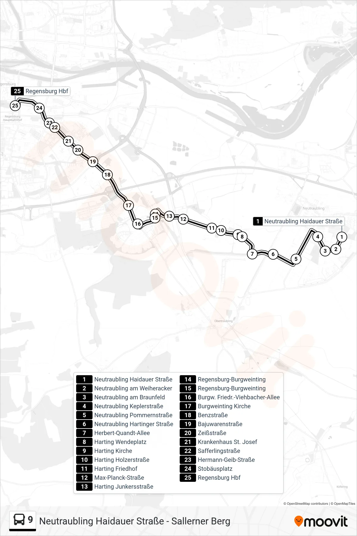 9 bus Line (Regensburg Hbf) route and stops on a map
