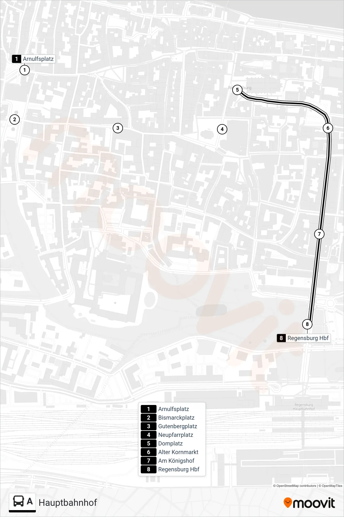 Linie A (Bus) Richtung Hauptbahnhof: Route und Haltestellen auf der Karte