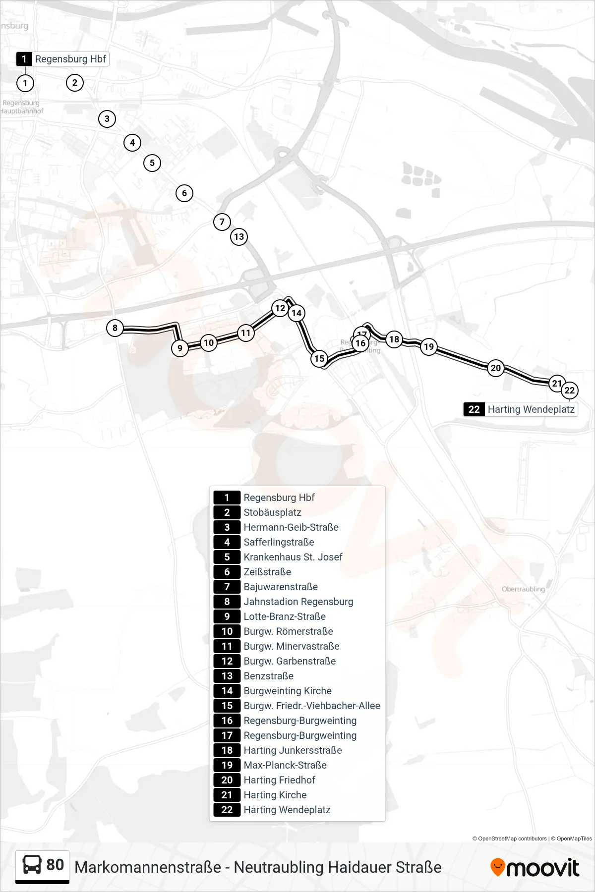 80 bus Line (Harting) route and stops on a map